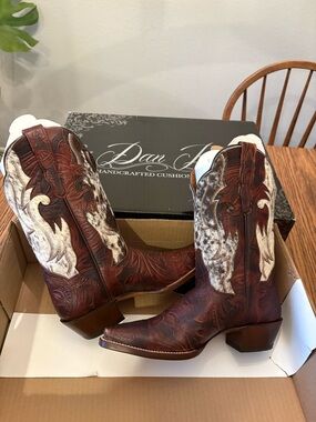 Dan Post Brown Leather Western Boots with White Hair-On Accents. New boots.